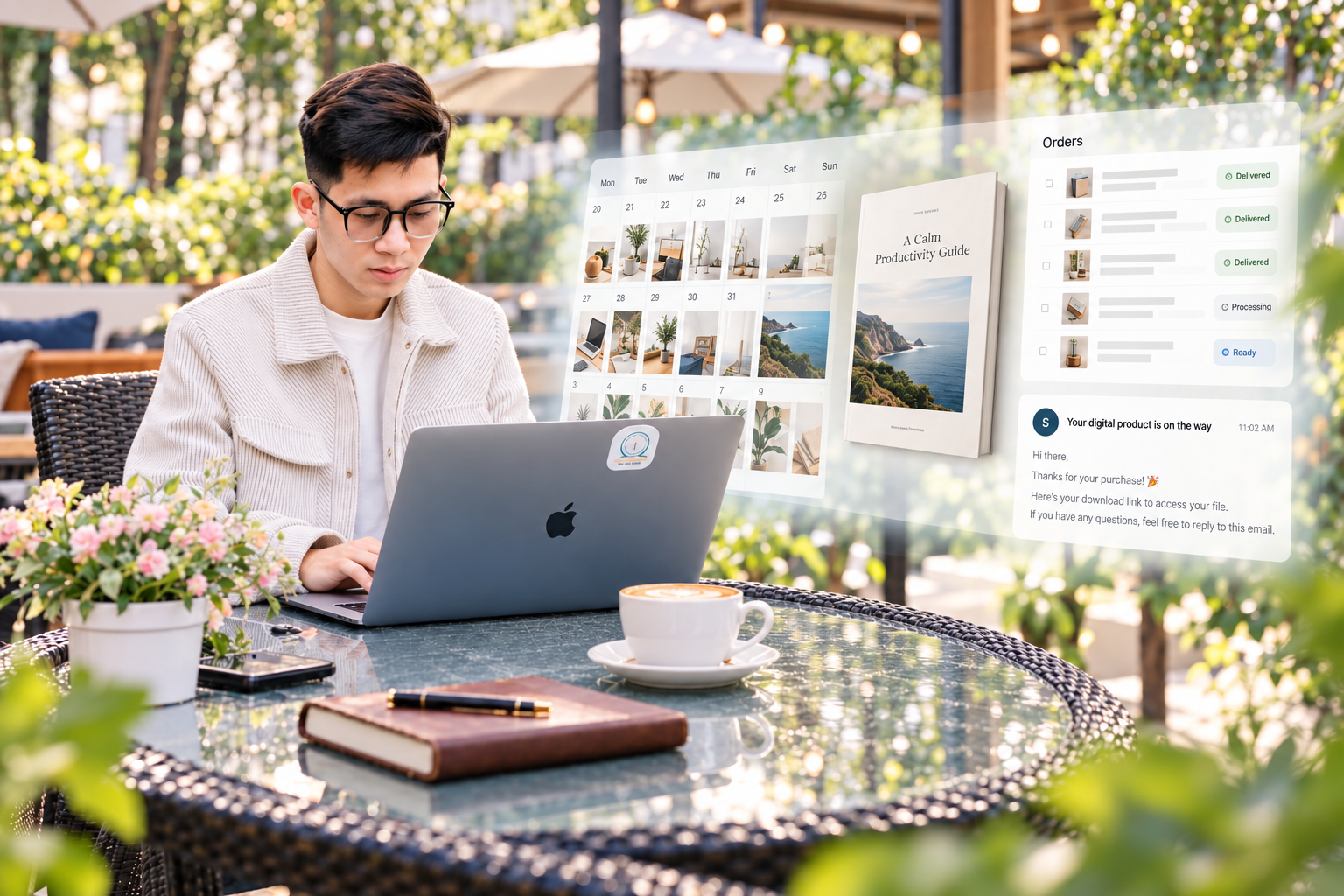 Minh họa Âu Văn Chiều vận hành công việc kinh doanh sản phẩm số với một laptop